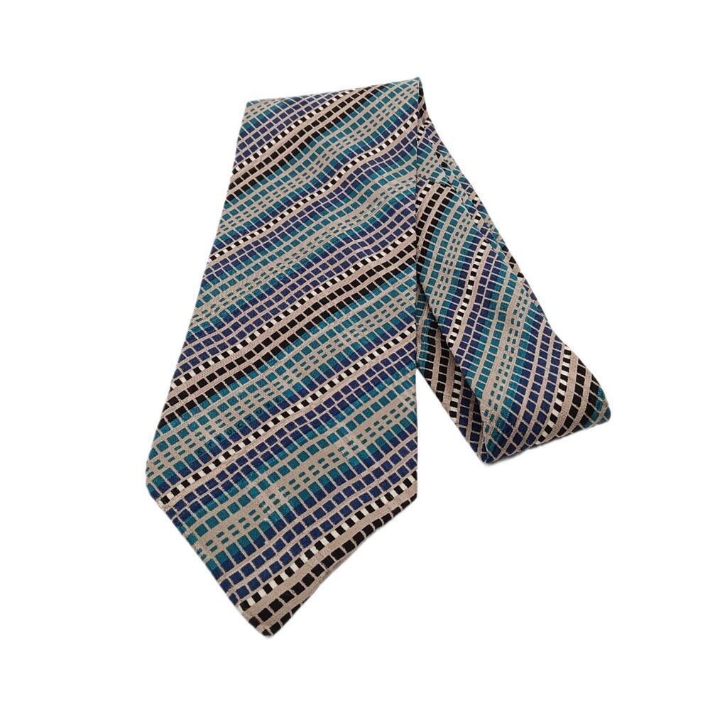 Structure Silk Tie Mens 58” Taupe Blue Teal Geometric Designer Wide New - Picture 2 of 4
